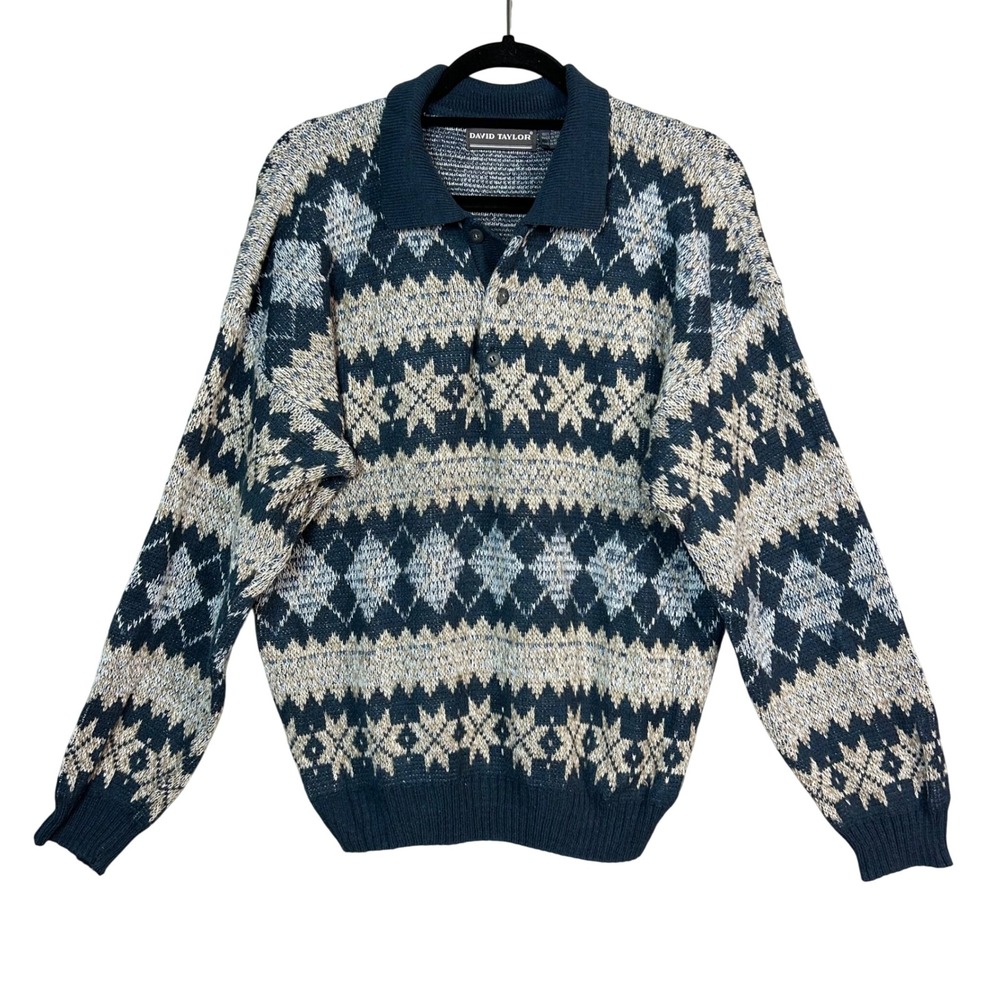 VTG Fair Isle Polo Gentleman's Sweater Large David Taylor Pageboy Retro Grandpa